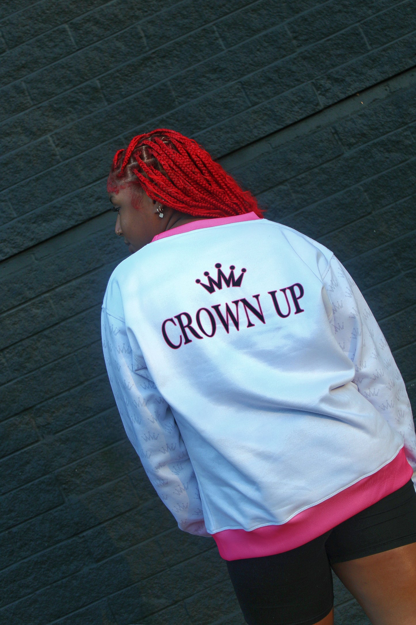 QueenHer White Crown Up Sweater – Pink Trim Edition